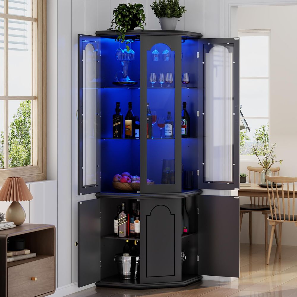 Wine & Beer Shop - Corner Bar Cabinet w LED Lights,